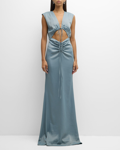 Shop Lapointe Plunging Shirred Cutout Stretch Satin Sleeveless Maxi Dress In Dove