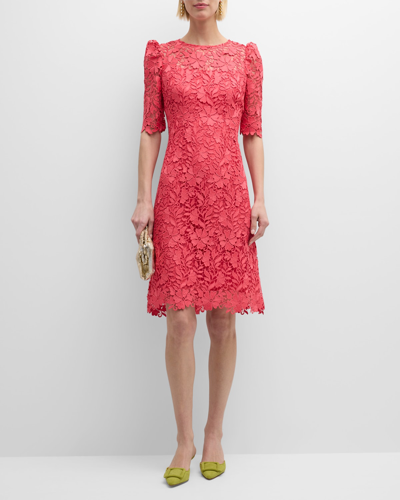 Shop Rickie Freeman For Teri Jon Puff-shoulder Floral Lace Midi Dress In Coral