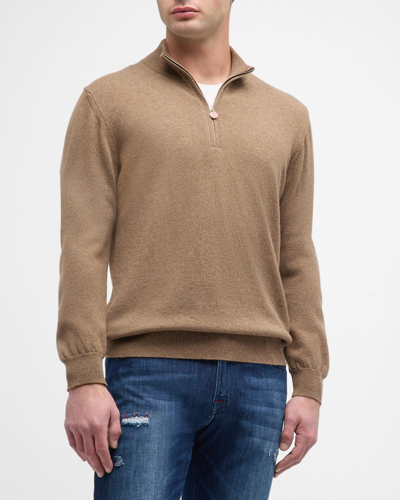 Shop Kiton Men's Cashmere Quarter-zip Sweater In Light Brown
