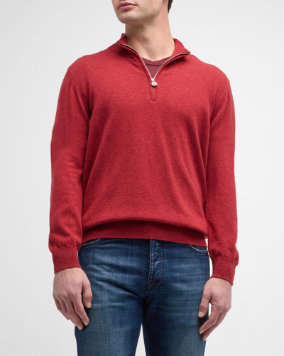 Shop Kiton Men's Cashmere Quarter-zip Sweater In Red