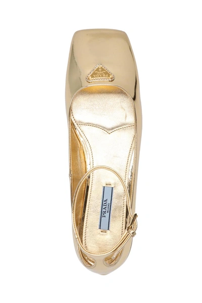 Shop Prada Women Laminated Logo Leather Ballet Flats In Gold