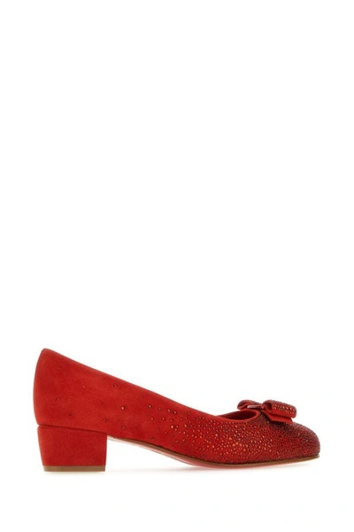 Ferragamo Suede Block Heel Pumps With Bow Detail In Red