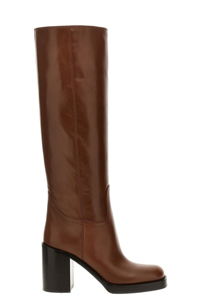 Shop Prada Women Leather High Boots In Brown