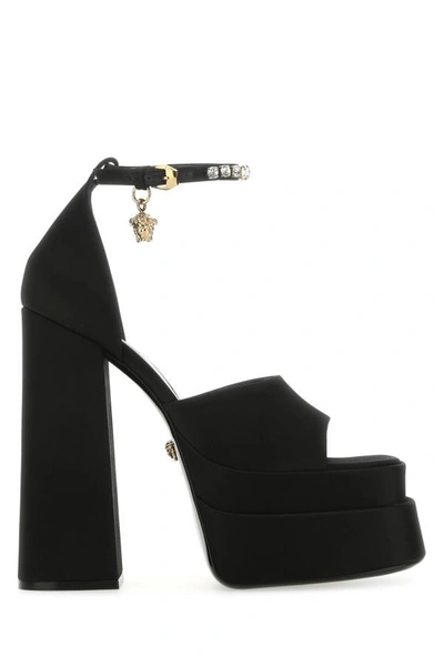 Shop Versace Woman Black Satin Medusa Aevitas Sandals