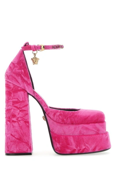 Shop Versace Woman Fuchsia Velvet Medusa Aevitas Pumps In Pink