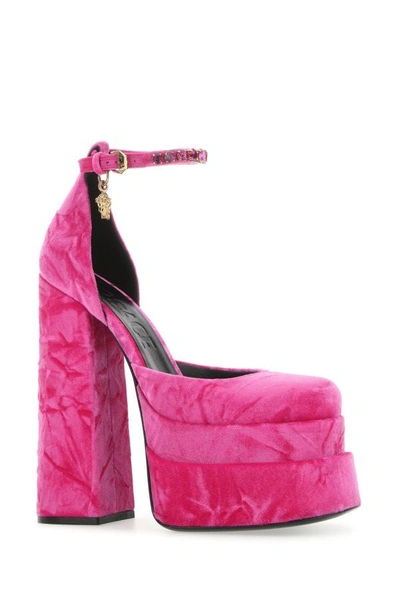Shop Versace Woman Fuchsia Velvet Medusa Aevitas Pumps In Pink