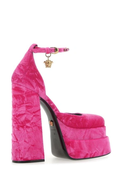 Shop Versace Woman Fuchsia Velvet Medusa Aevitas Pumps In Pink