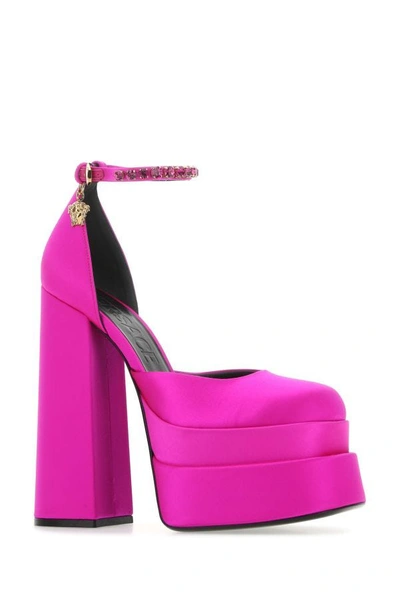 Shop Versace Woman Fuchsia Satin Medusa Aevitas Pumps In Pink