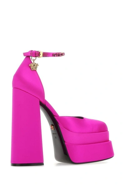 Shop Versace Woman Fuchsia Satin Medusa Aevitas Pumps In Pink