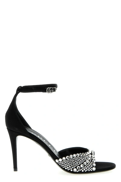Shop Gucci Women Crystal Satin Sandals In Black