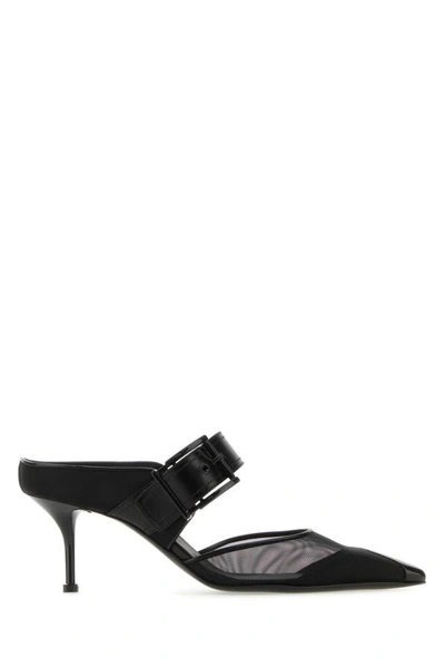 Shop Alexander Mcqueen Woman Black Mesh And Leather Punk Mules