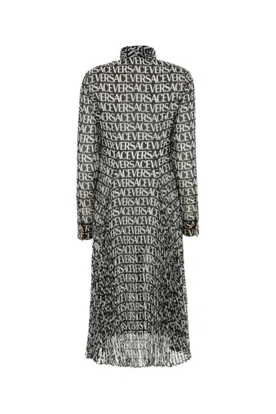 Versace Logo Print Semisheer Long Sleeve Silk Midi Dress In Multicolor