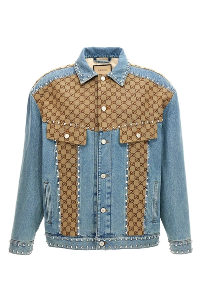 Shop Gucci Men 'gg' Insert Denim Jacket In Multicolor