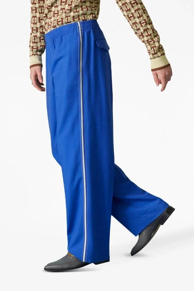 Gucci Brand-embroidered Slip-pocket Straight-leg Regular-fit Wool-blend Trousers In Blue