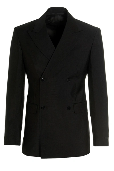 Shop Prada Men Double Breast Mohair Blazer Jacket In Black