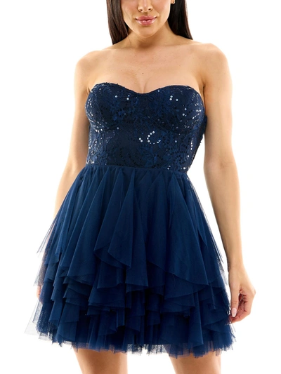 Shop City Studio Juniors Womens Lace Trim Mini Fit & Flare Dress In Blue
