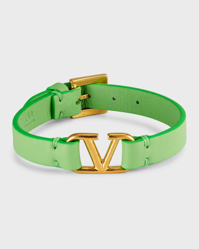 Shop Valentino Leather V Logo Bracelet, Mint