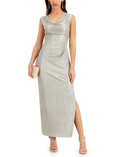 Shop Connected Apparel Petites Womens Metallic Cowl Neck Evening Dress In White