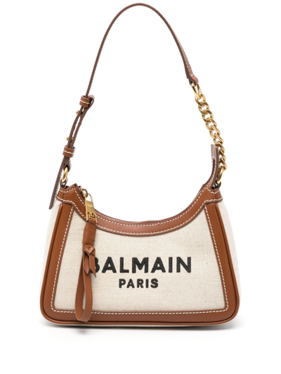 Shop Balmain B-army Canvas And Leather Trims Shoulder Bag In Beige
