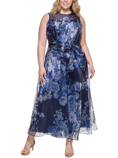 Shop Eliza J Plus Womens Floral Print Maxi Evening Dress In Blue