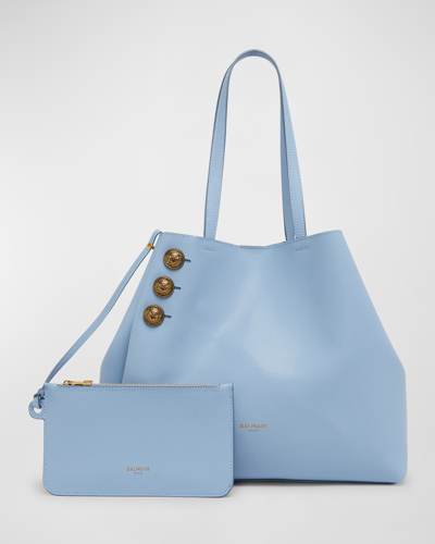 Shop Balmain Embleme Leather Shopping Tote Bag In 6di Bleu Pale
