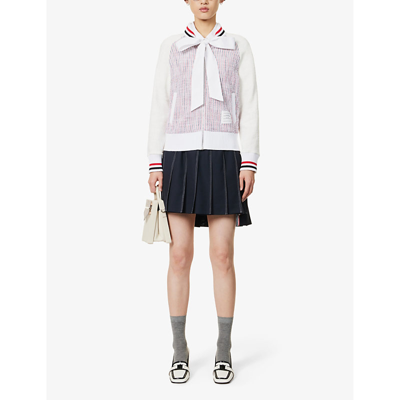 Shop Thom Browne Pleated Contrast-stitching Wool Mini Skirt In Navy