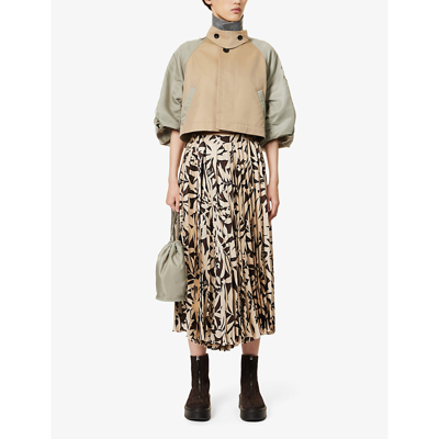 Shop Sacai Abstract-pattern Mid-rise Woven Midi Skirt In Beige Brown