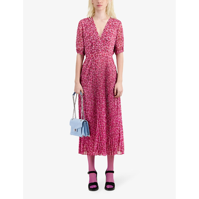 Shop The Kooples Women's Pink Floral-print Pleated Woven Midi Dress