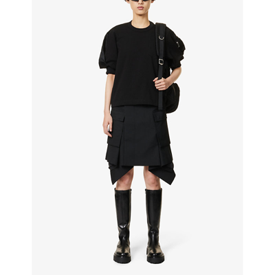 Shop Sacai Women's Black Panelled Puff-sleeve Cotton-jersey T-shirt