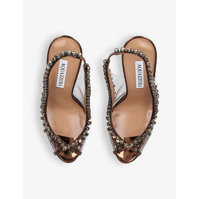 Shop Aquazzura Women's Dark Brown Temptation Crystal Embellished Leather And Pvc Sandals