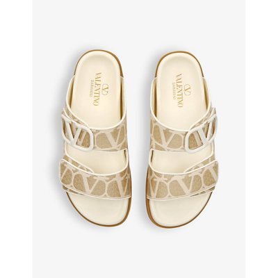 Shop Valentino Vlogo-pattern Double-strap Woven Slides In Beige Comb
