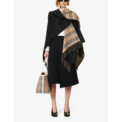 Burberry Vintage-style Check Fringed Wool Cape In Black