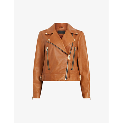 Shop Allsaints Women's Cognac Brown Beale Slim-fit Leather Biker Jacket