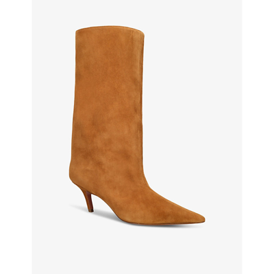 Shop Amina Muaddi Women's Tan Fiona Pointed-toe Suede Heeled Ankle Boots