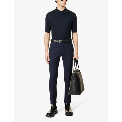 Shop Dolce & Gabbana Brand-patterned Knitted-texture Silk Polo Shirt In Very Dark Blue