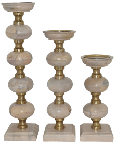 Sagebrook Home Elevarre Set Of 3 Sumpter Wooden Candle Sticks In Brown