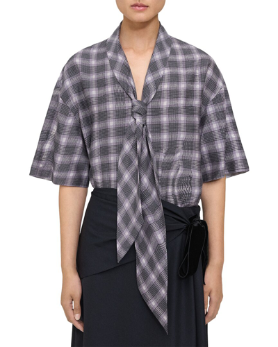 Shop Theory Wrinkle Check Silk-blend Top In Grey