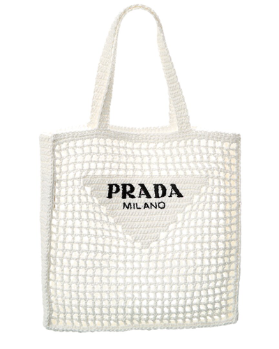 Shop Prada Logo Woven Raffia Tote In White