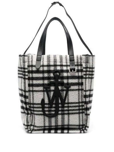 Shop Jw Anderson Belt Plaid-check Virgin-wool Tote Bag In Grey