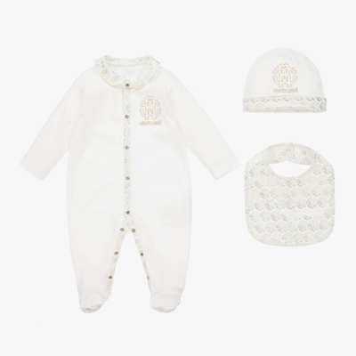 Shop Roberto Cavalli Ivory Rc Monogram Cotton Babysuit Set
