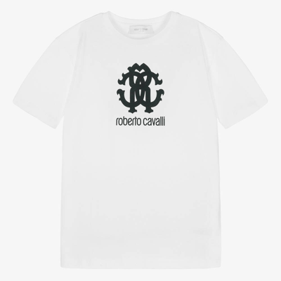 Shop Roberto Cavalli Teen Boys White Rc Monogram Cotton T-shirt