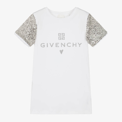Shop Givenchy Girls White Cotton Sequinned Sleeve Dress