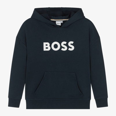 Shop Hugo Boss Boss Teen Boys Blue Cotton Hoodie