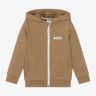 Shop Hugo Boss Boss Boys Dark Beige Cotton Zip-up Hoodie
