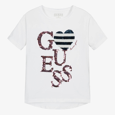 Shop Guess Teen Girls White Cotton Sequin T-shirt