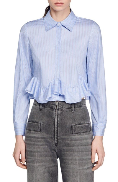 Shop Sandro Estela Stripe Ruffle Trim Cotton Button-up Shirt In Sky Blue