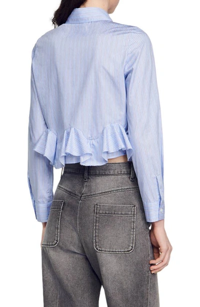 Shop Sandro Estela Stripe Ruffle Trim Cotton Button-up Shirt In Sky Blue
