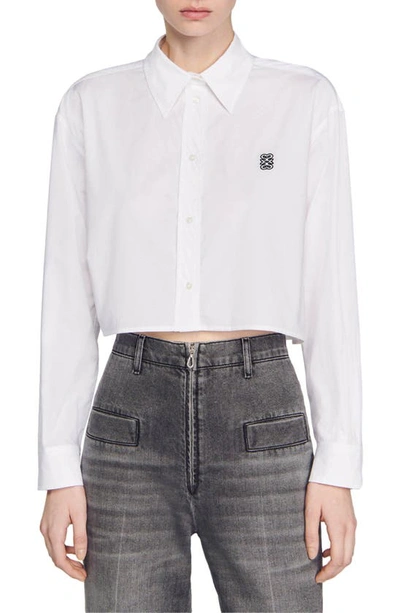 Shop Sandro Kim Cotton Crop Button-up Shirt In White