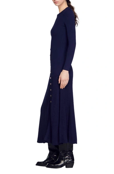 Shop Sandro Jared Long Sleeve Asymmetric Front Maxi Dress In Deep Blu