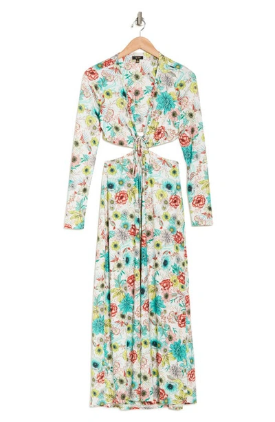 Shop Afrm Monique Long Sleeve Cutout Maxi Dress In Teal Garden